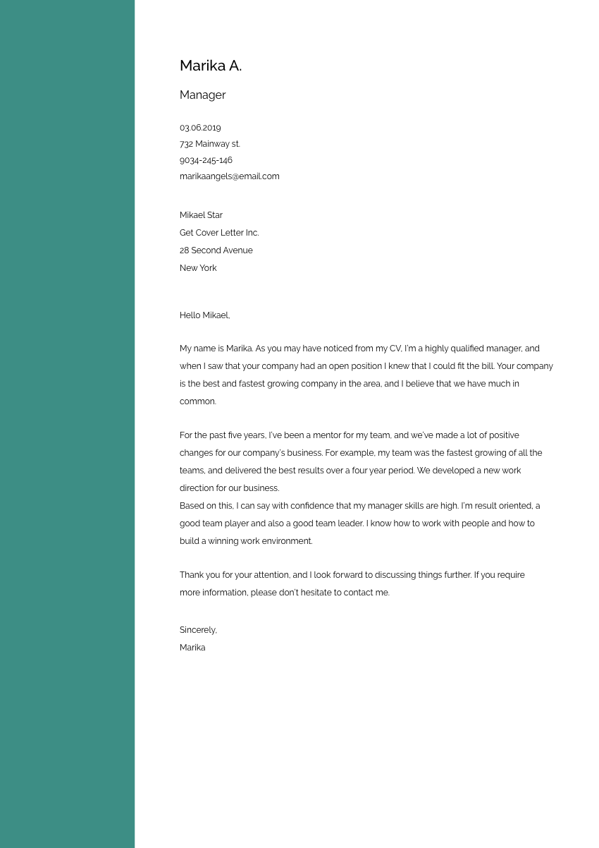 Template of a cover letter for a receptionist job application