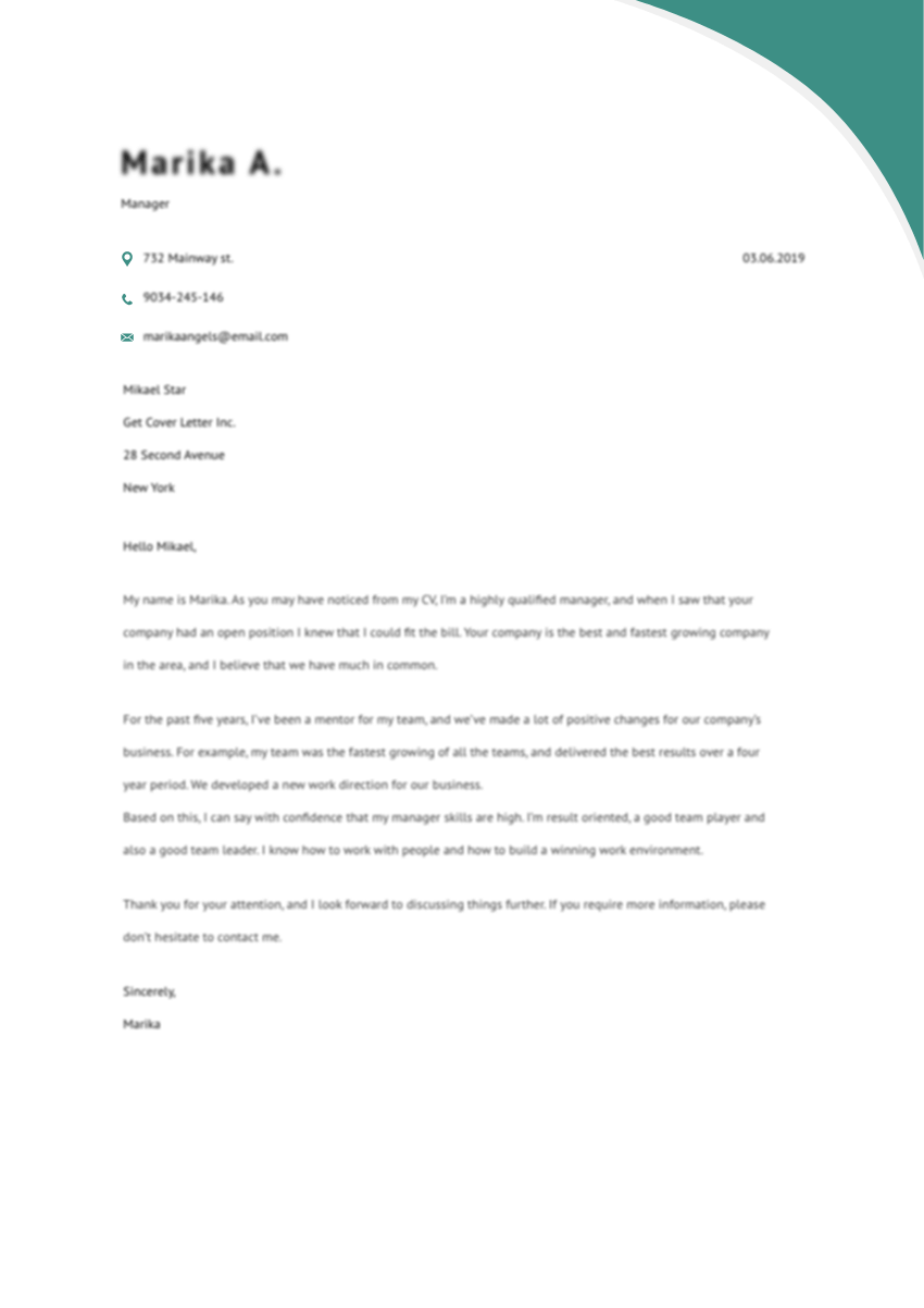 Template of a professional cover letter for a resume of ...