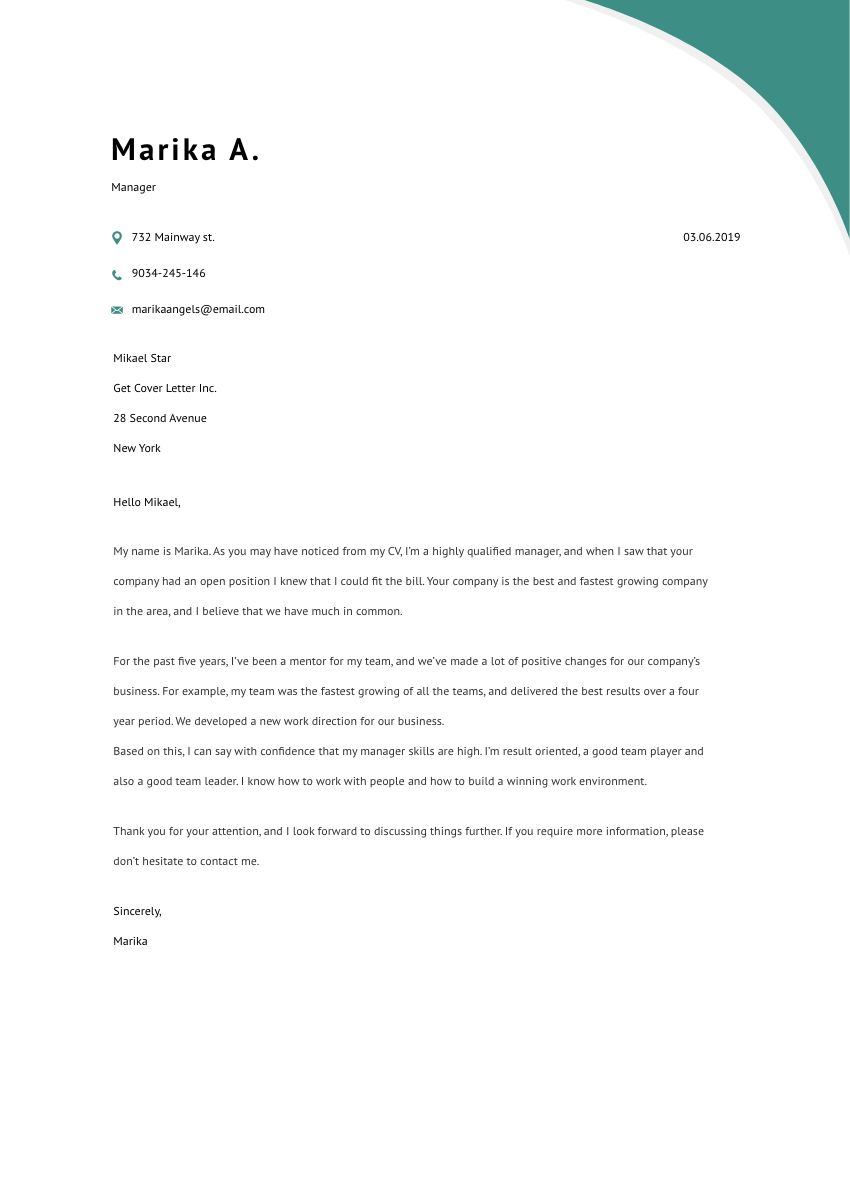image of a cover letter for a warehouse associate
