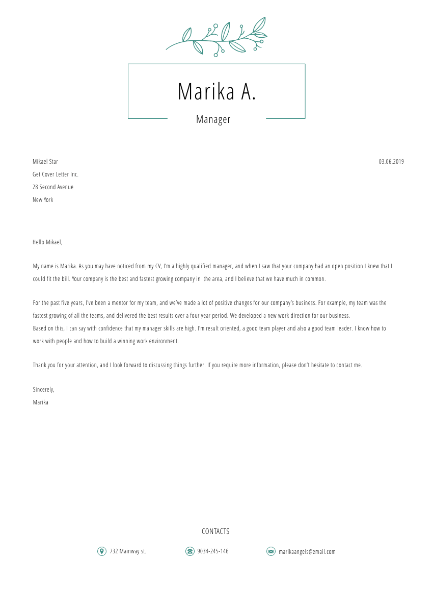 image of a cover letter for a waitress