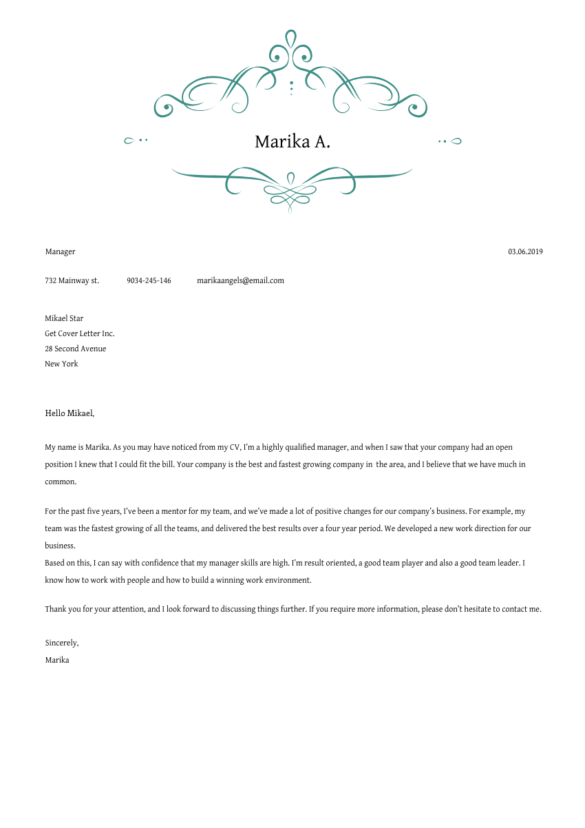 image of a cover letter for a district sales manager