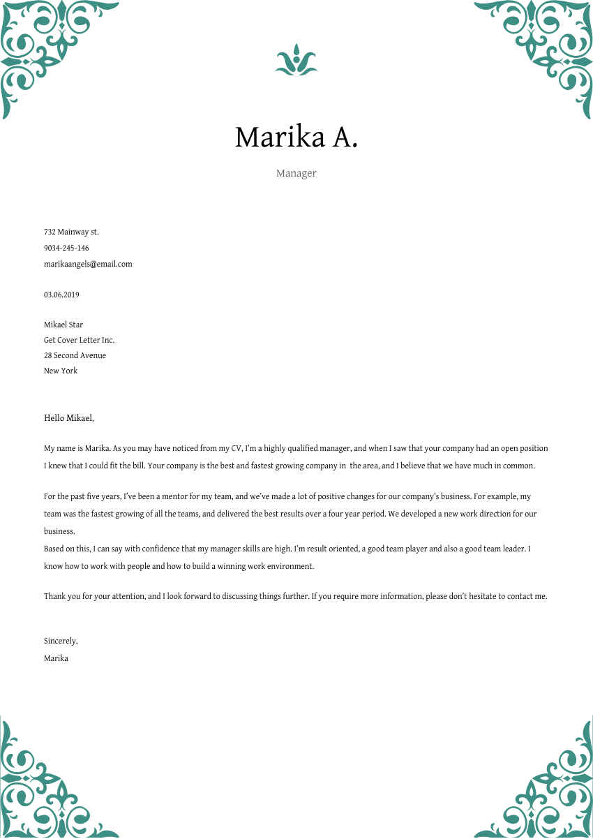 image of a cover letter for a human resources manager