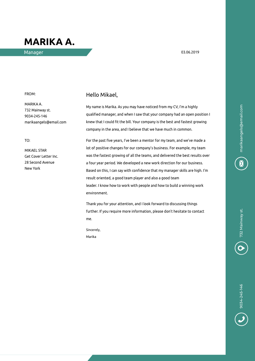 image of a cover letter for an assistant manager