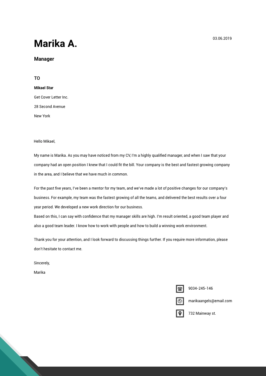 image of a cover letter for a senior manager