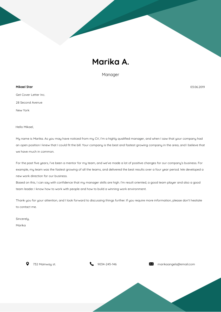 image of a cover letter for a business manager