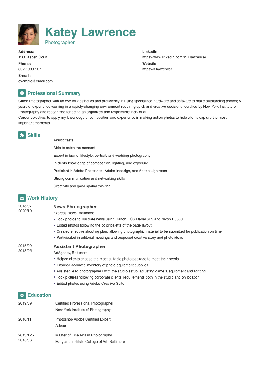 
                                                             a photographer resume example