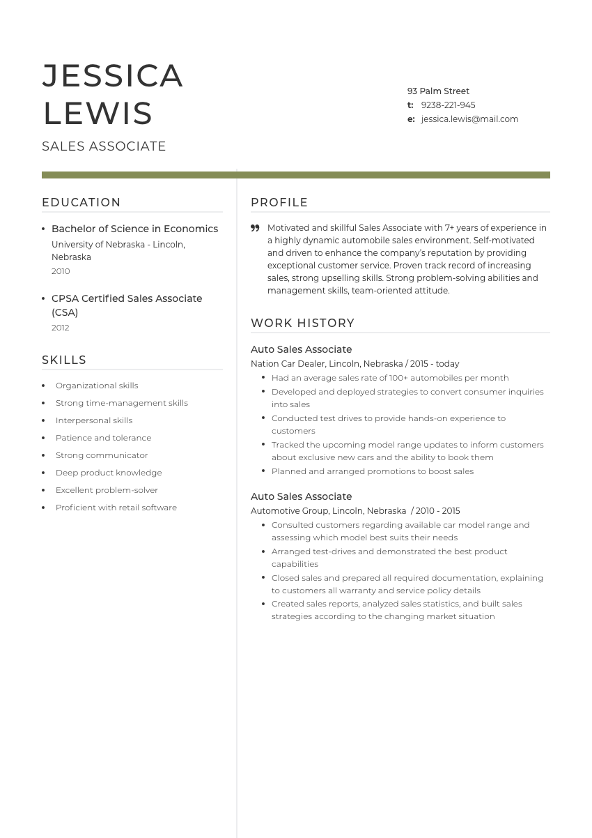 
                                                             a sales associate resume example