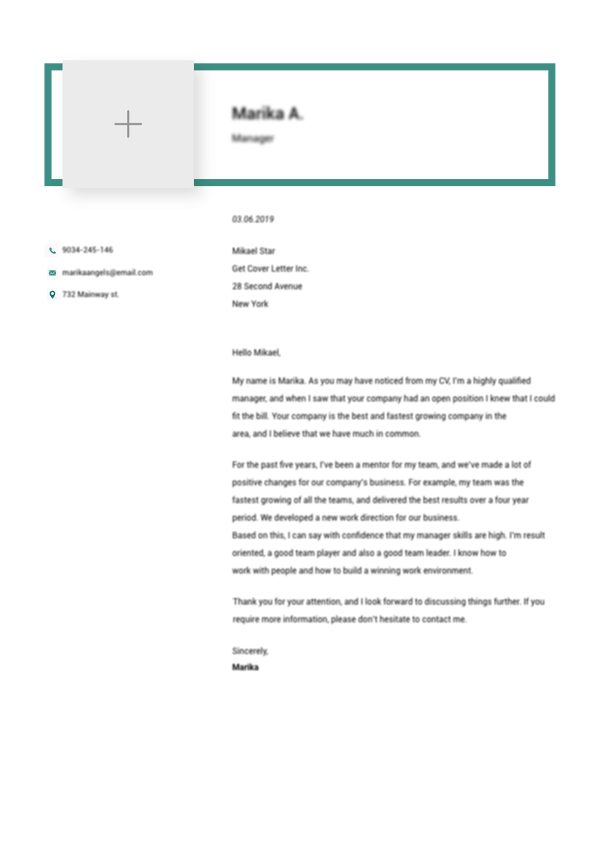 Template of a professional cover letter for a resume of ...