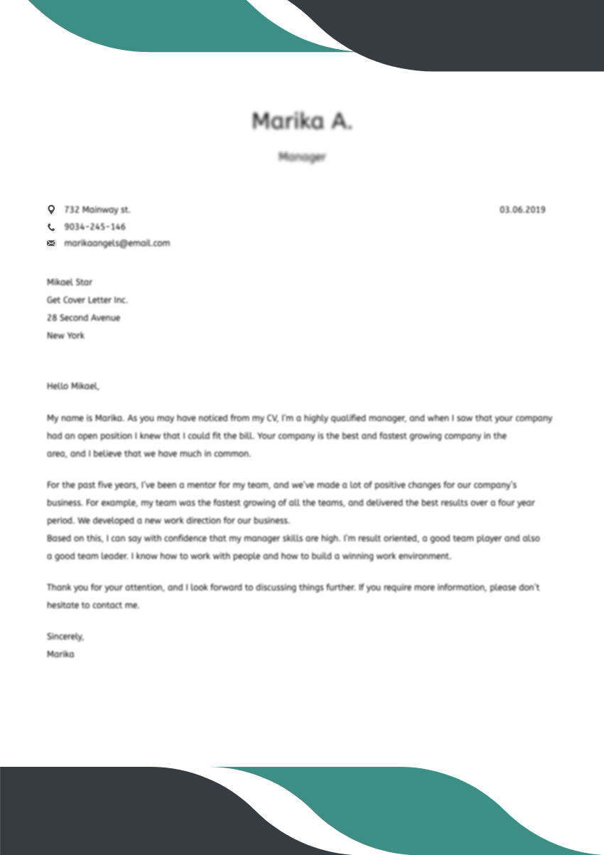 Template of a sales manager cover letter