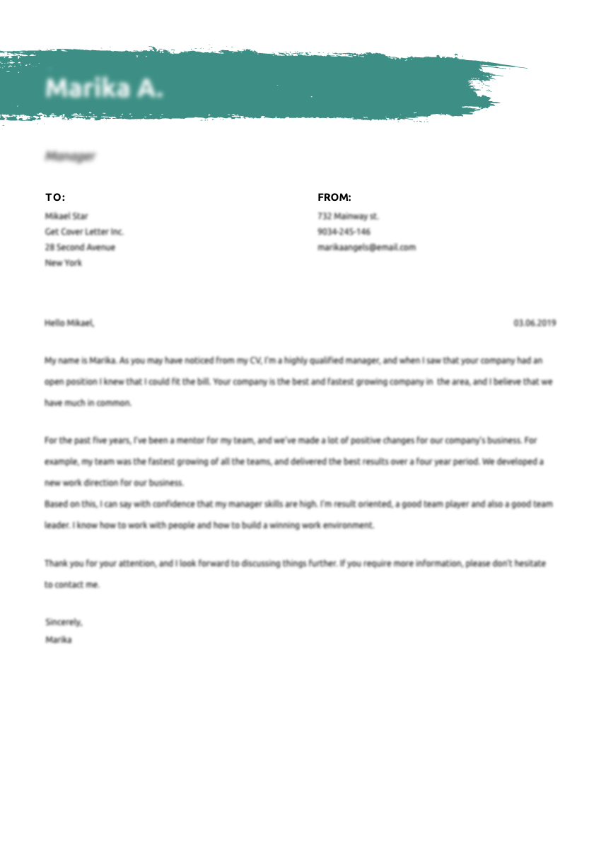 Template of a professional cover letter for photographer