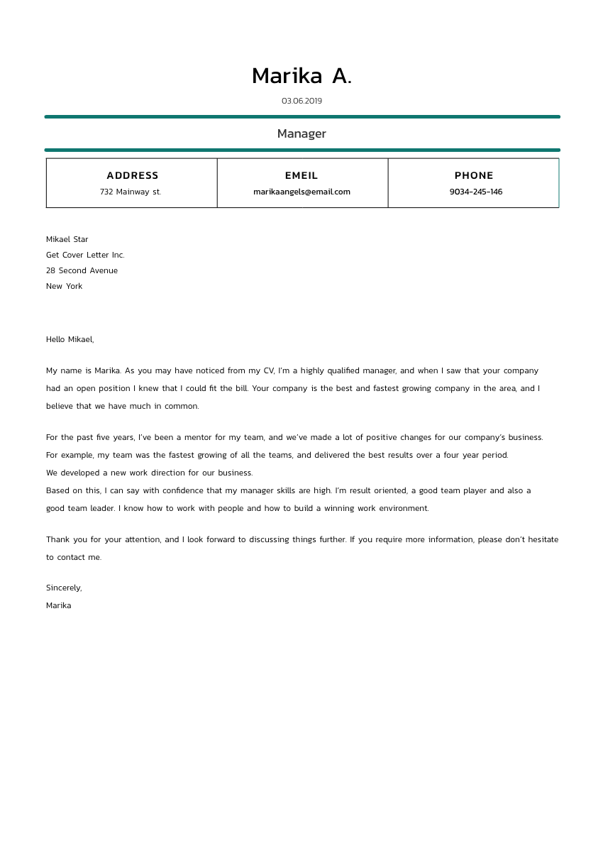 image of a cover letter for a unit secretary
