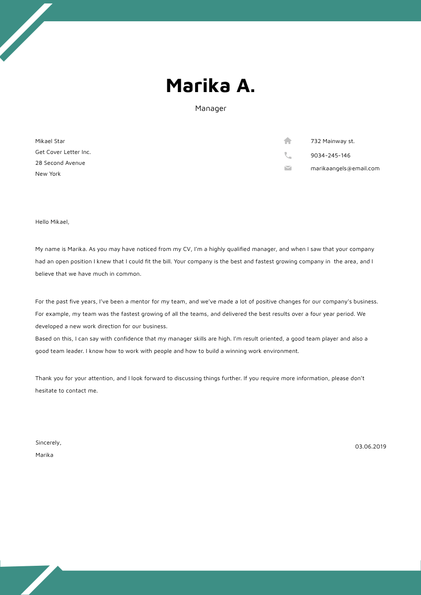 image of a cover letter for a maintenance manager