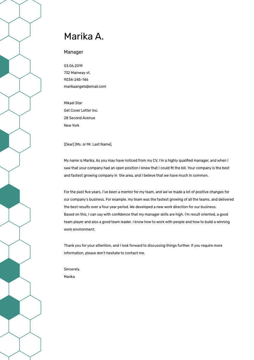 image of a cover letter for a production planner