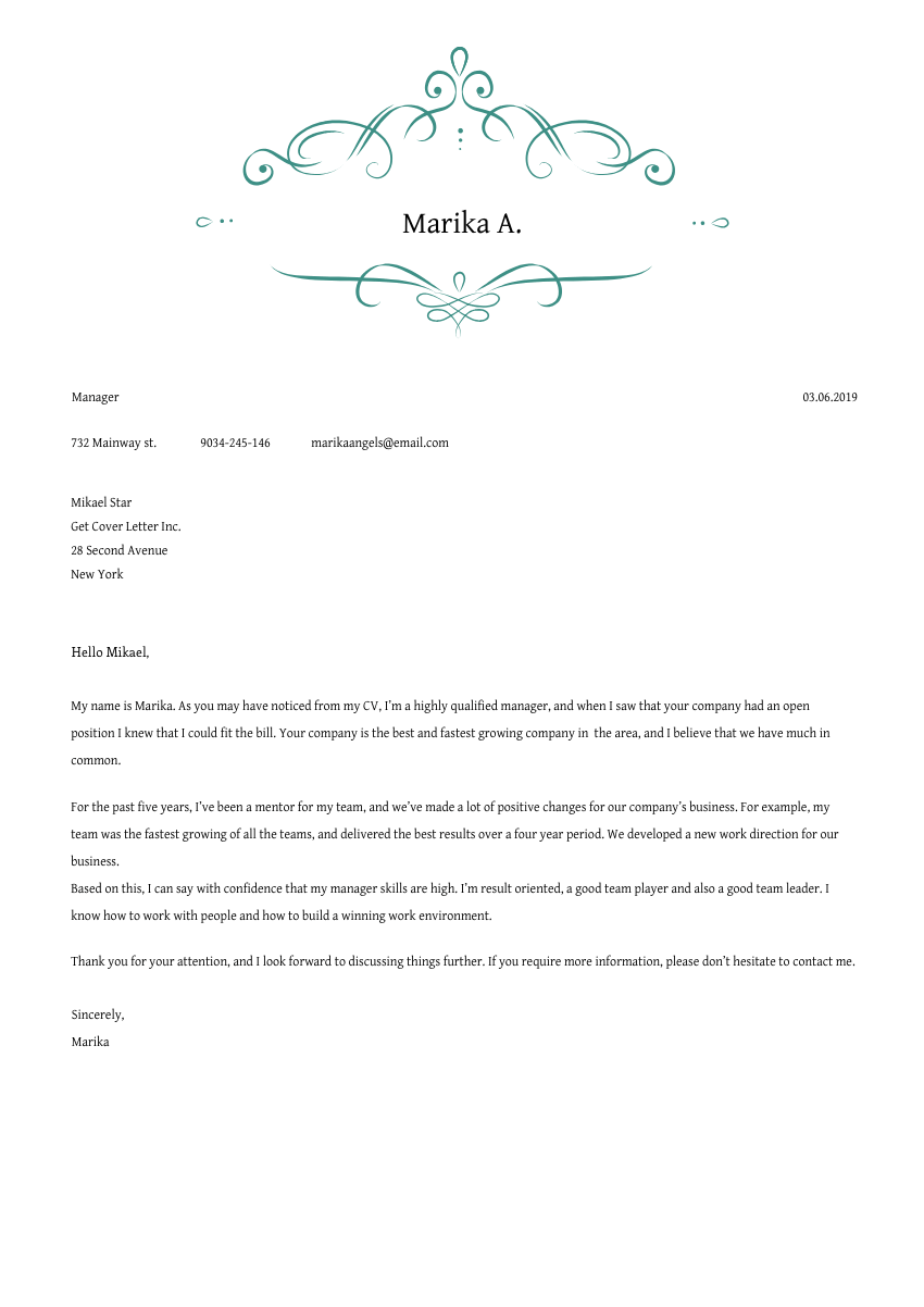 image of a cover letter for a catering manager