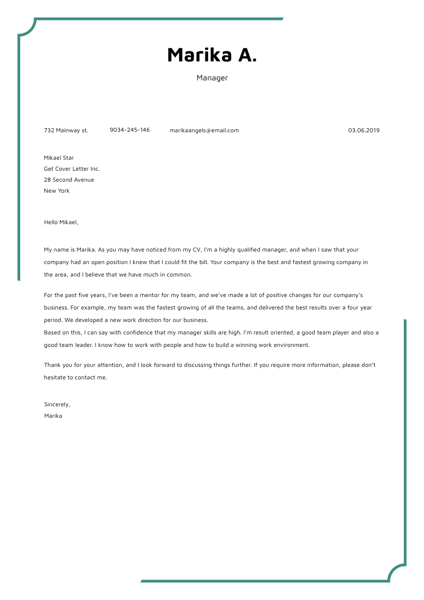 image of a cover letter for a food and beverage manager