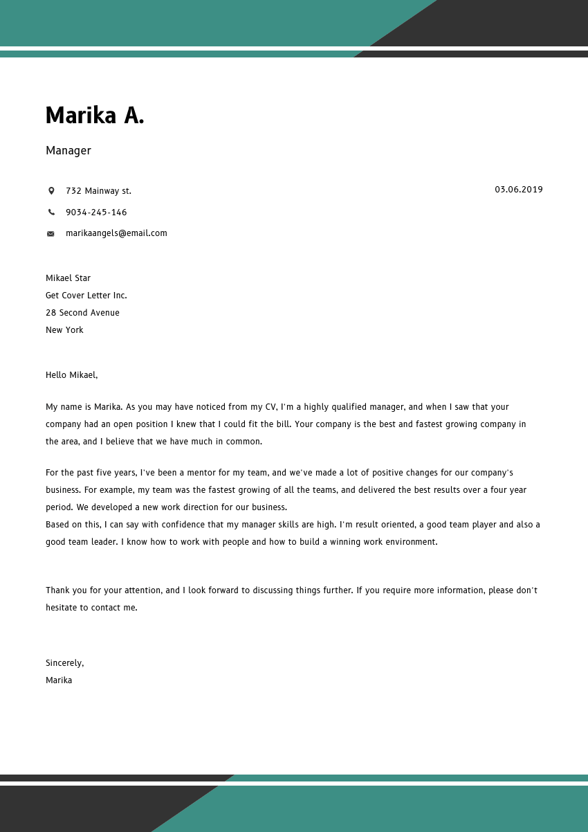 image of a cover letter for a finance manager