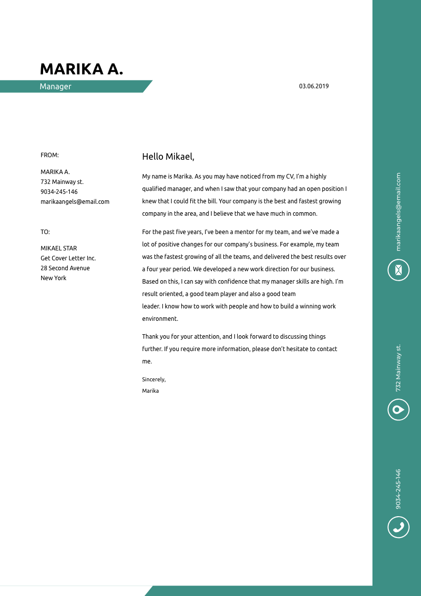 image of a cover letter for a content manager