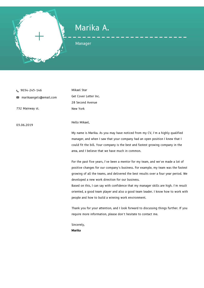 image of a cover letter for a financial controller
