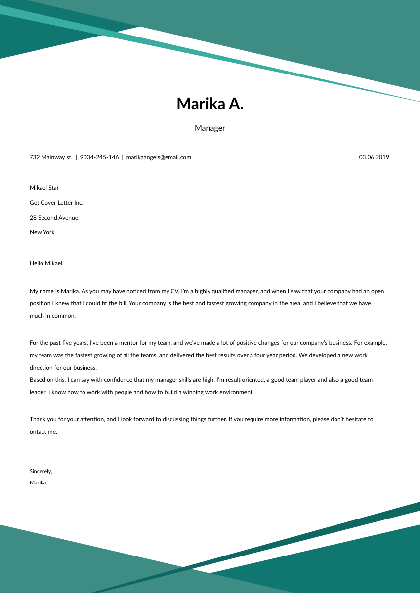 image of a cover letter for a product marketing manager