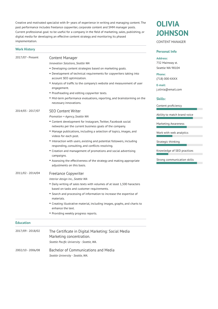 
                                                             image of a resume example for a content strategist