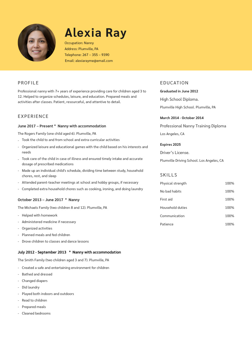 
                                                             a nanny resume example