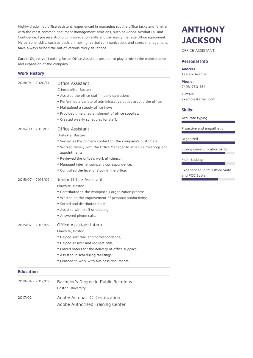 
                                                             image of a resume example for an office assistant